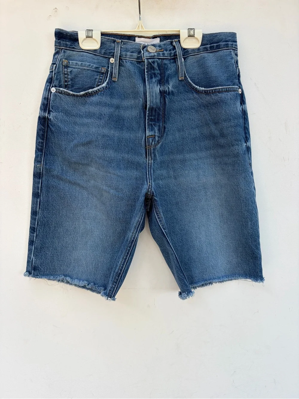 Frame High Rise Long Denim Bermuda Shorts in Del Amo